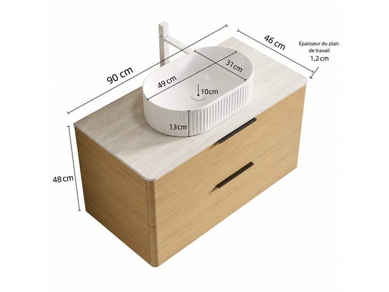  Meuble vasque suspendu 90 cm avec vasque ovale blanche en céramique, 2 tiroirs et plan effet travertin  - Conforama C