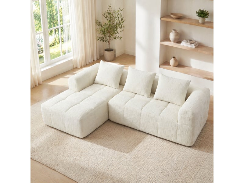  Canapé d'angle modulable 3 places avec méridienne, poches latérales et 3 coussins en chenille beige  - Conforama C