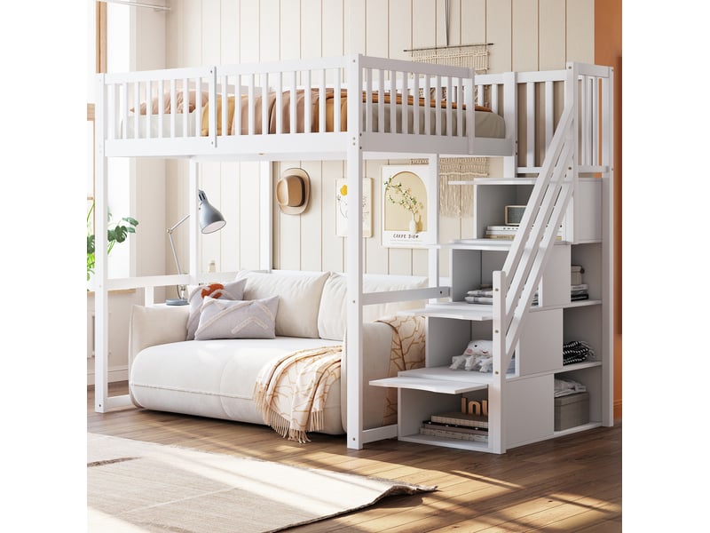  Lit mezzanine, 140x200 cm, lit en hauteur, avec échelle aménagée, garde corps, matelas non inclus, bois, coloris blanc  - Conforama E