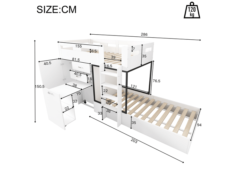  Lit superposé enfant 90 x 200 cm avec bureau coulissant, armoire et tiroirs blanc noir  - Conforama C