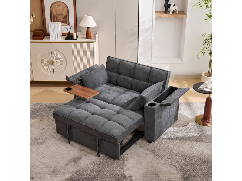  Canapé convertible 3 en 1 deux places, dossier réglable, usb et table escamotable, gris  - Conforama C