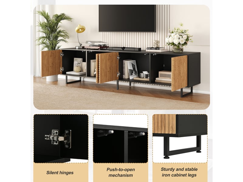  Meuble tv 4 portes avec rangement pour écran jusqu’à 80 pouces - pieds métal, bois naturel et noir  - Conforama E