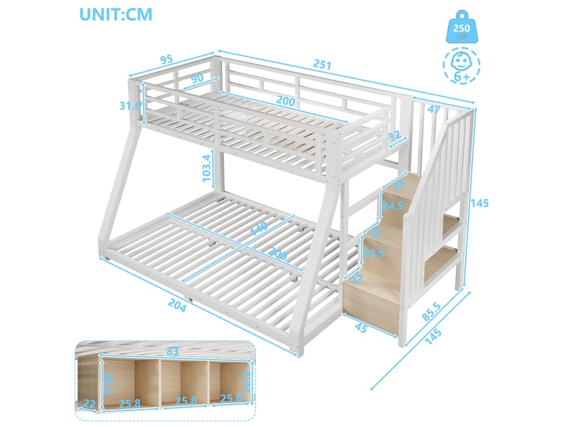 Lit superposé métal blanc 90x200 et 140x200 cm avec led, escalier de rangement, 3 compartiments et barrières, sans matelas BrimViber - Conforama C