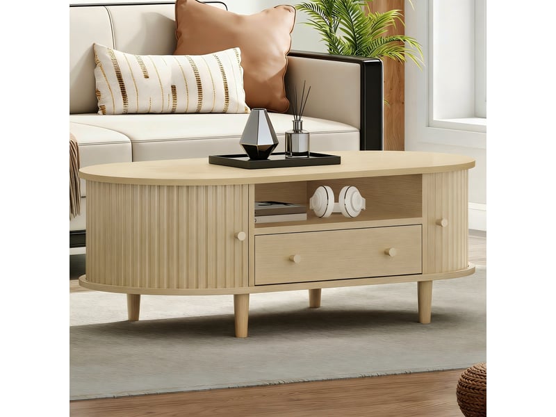 Table basse ovale avec tiroir et portes à rideau, mdf et placage bois, 100 x 50 x 36 cm, coloris chêne  - Conforama D