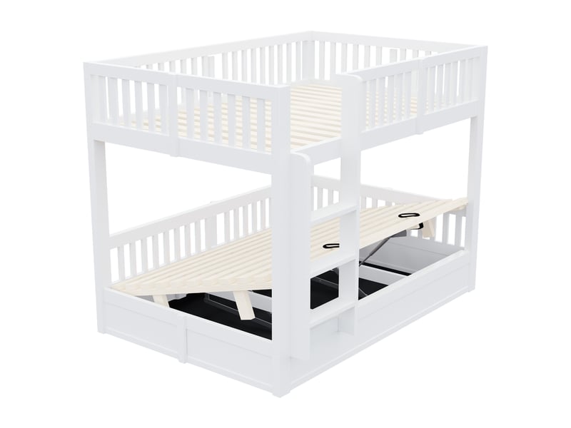 Lit superposé enfant 2 places 140 x 200 cm avec rangement hydraulique et marches sécurisées, structure robuste en bois massif blanc - Conforama D
