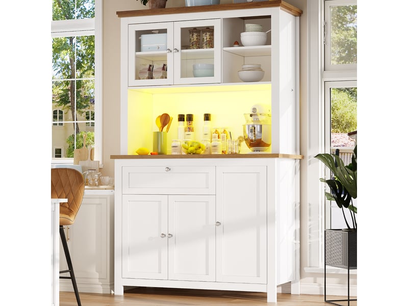  Vaisselier blanc avec led, armoire de cuisine 180cm avec portes coulissantes (sans matelas)  - Conforama C