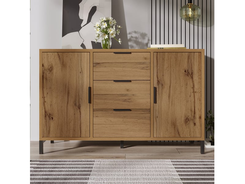 Buffet 120x40x76 cm, 2 portes et 3 tiroirs, coloris chêne foncé - Conforama E
