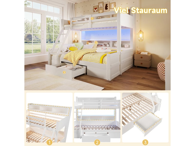  Lit superposé 90x200 et 140x200 cm blanc en pin, niches ouvertes, tiroir, échelle à position variable et éclairage led  - Conforama D