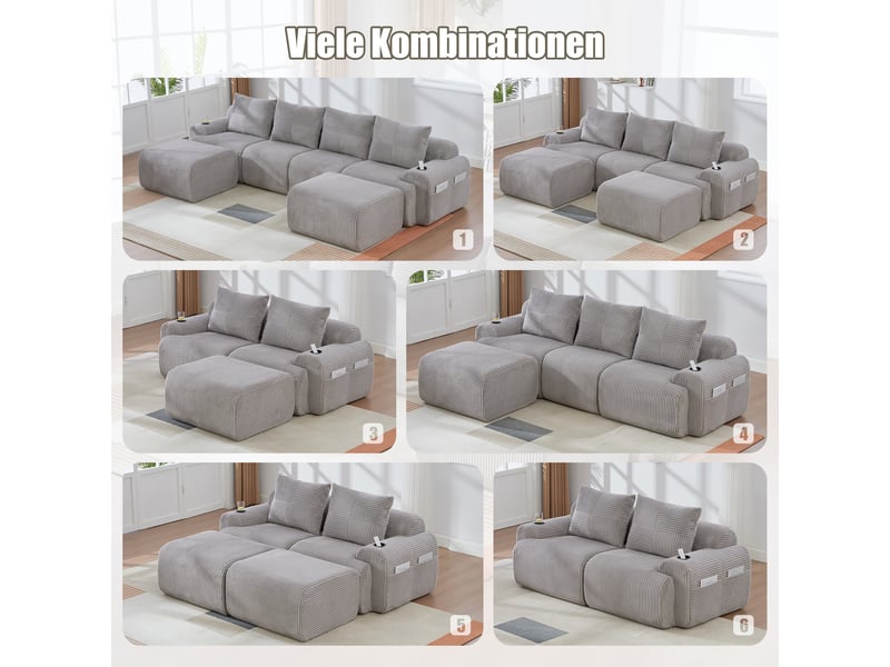  Canapé modulable, canapé de salon, en velours tricoté, gris clair, adapté à l'espace de vie, porte-gobelets  - Conforama W
