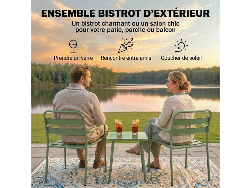  Salon de jardin bistrot 3 pièces table en verre et 2 chaises en acier vert  - Conforama D