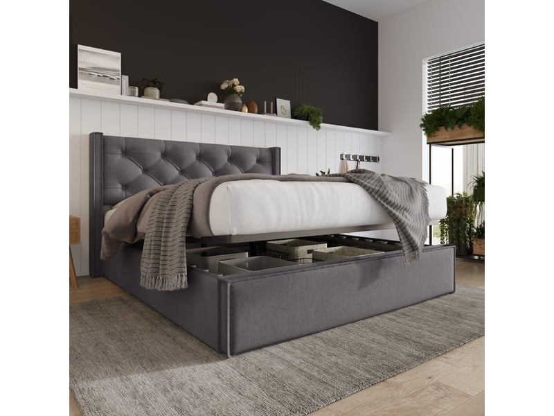  Lit rembourré 140x200cm avec rangement hydraulique, coton gris, matelas inclus, sommier à lattes, confortable  - Conforama D