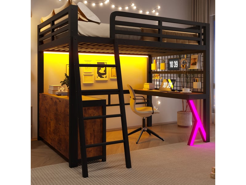  Lit mezzanine 140 x 200 cm en métal noir avec bureau, armoire de rangement, panneau grillagé et éclairage led intégré  - Conforama B