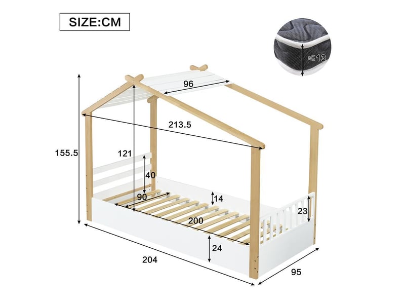 Lit enfant 90 x 200 cm, lit cabane en bois maison, sommier à lattes stable, design simple et moderne, blanc naturel - Conforama D