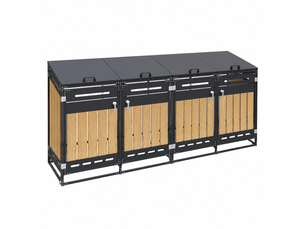 Lot de 4 coffres de jardin en fer avec couvercle hydraulique bardage aspect bois vertical ventilation à fentes longues et serrure