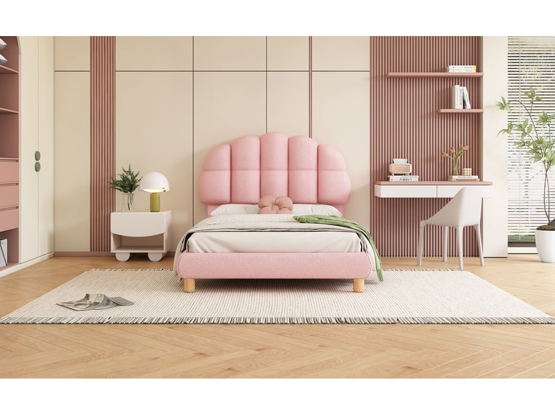  Lit simple 90x200 cm en tissu rose, rembourré, sommier à lattes bois - pour enfant ou ado  - Conforama D