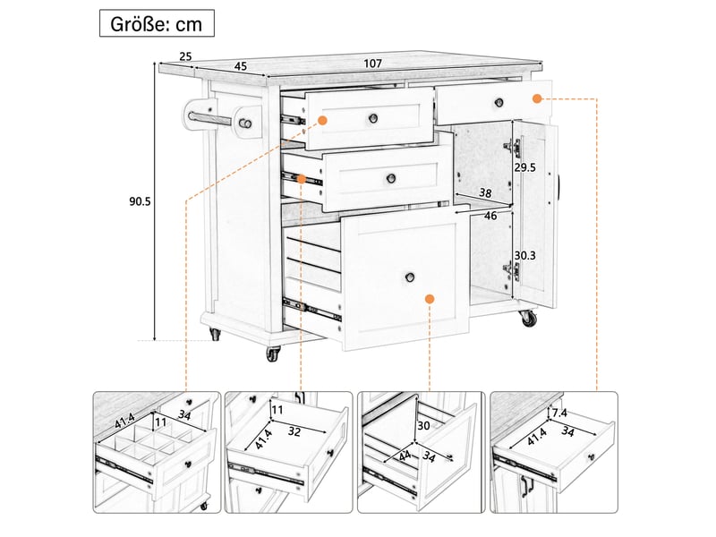 Desserte de cuisine 107 x 45-70 x 90,5 cm blanc et bois clair en mdf, plan extensible à roulettes - Conforama C