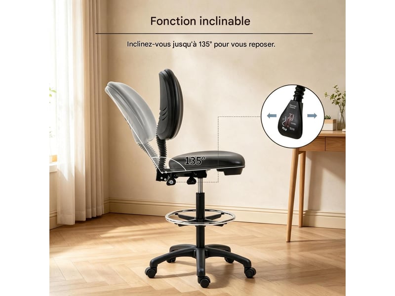  Tabouret de bureau haut pivotant réglable en hauteur avec repose-pieds noir T5828P566720 - Conforama D