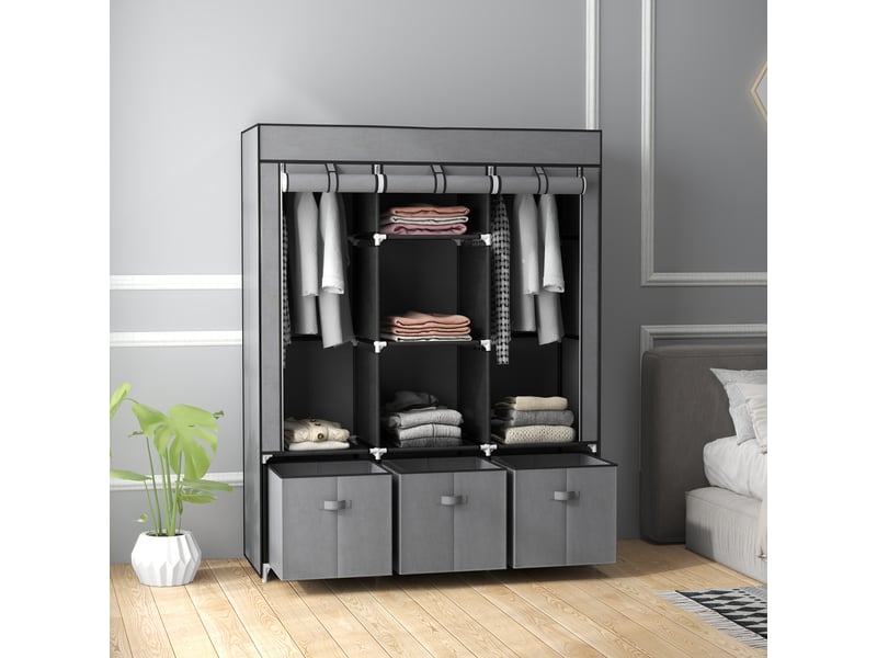  Armoire en tissu pliable avec 2 penderies,5 étagères,3 tiroirs et housse zippée, 125×43×162.5 cm,gris foncé  - Conforama B