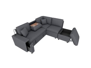 Canapé d'angle droit convertible <strong>DESMIU</strong> <strong></strong> 5 places Polyester gris avec coffre de rangement