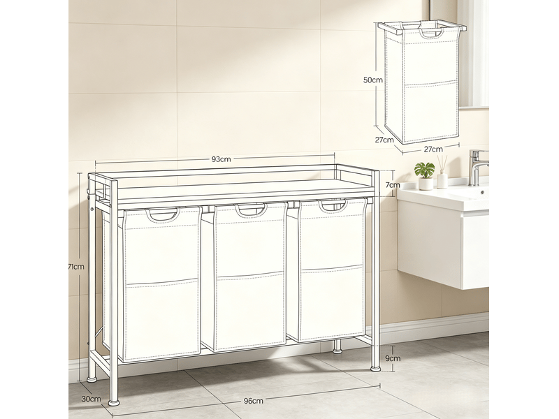  Trieur de linge à 3 paniers amovibles, chêne clair et blanc, 96 x 30 x 71 cm  - Conforama E