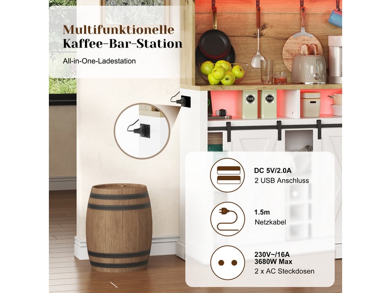  Buffet de cuisine haut 191x110x40 cm, meuble rangement cuisine avec capacité de charge 50 kg, portes coulissantes, étagères ouvertes et crochets latéraux  - Conforama D