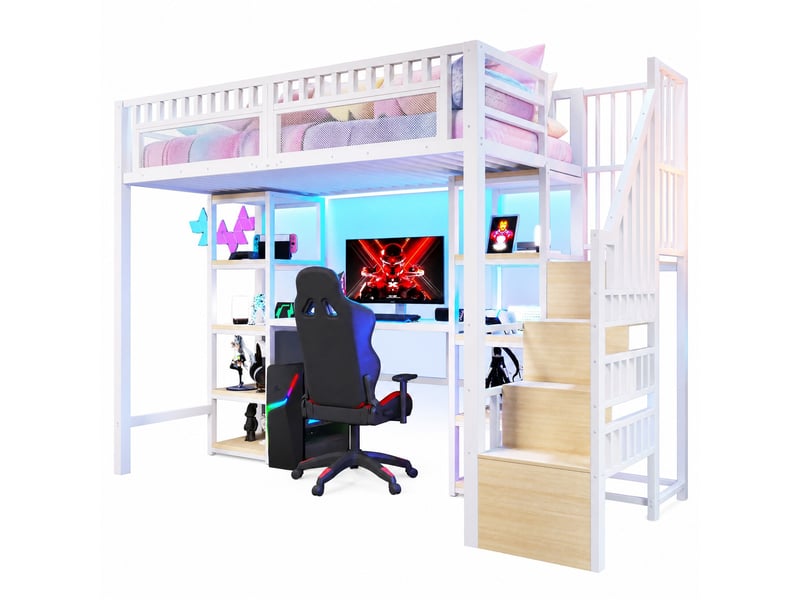  Lit mezzanine 90x200 cm avec bureau, éclairage led en métal et mdf blanc  - Conforama A