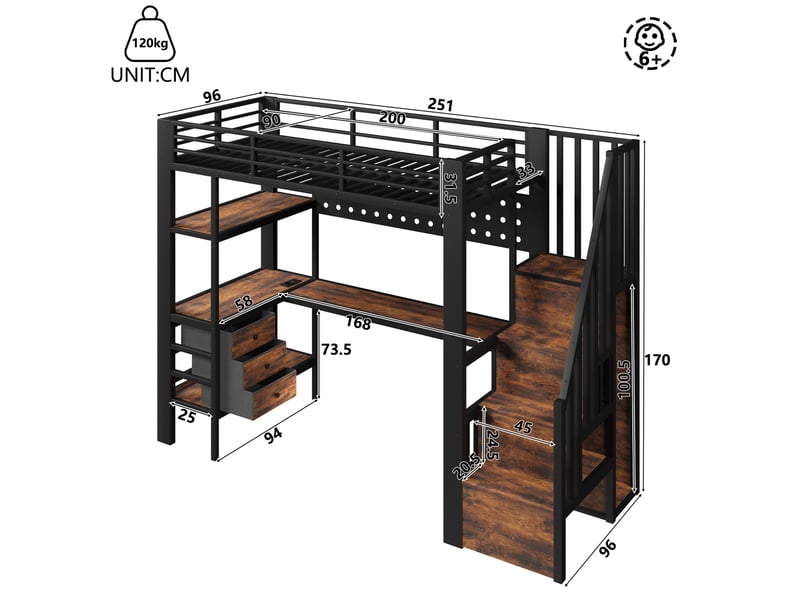  Modenvie lit mezzanine 90x200 cm - avec bureau, rangements et led, sans matelas - noir  - Conforama C