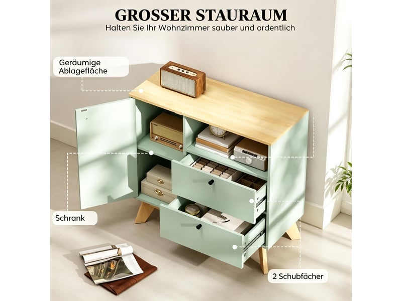 Buffet 1 porte 2 tiroirs 1 niche en mdf vert clair et chêne 80x35x76.3 cm - Conforama D