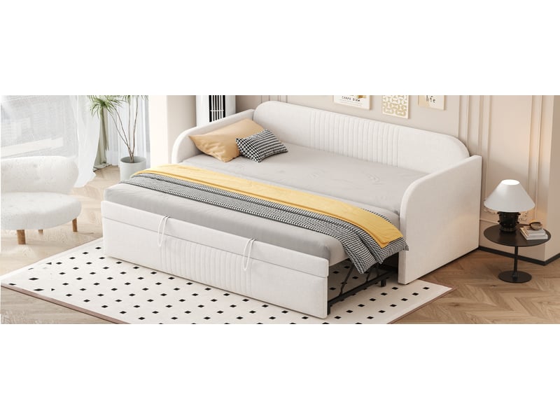  Lit capitonné, lit enfant 90180x190 cm, canapé-lit extensible, sommier à lattes, sans matelas, lin beige  - Conforama W