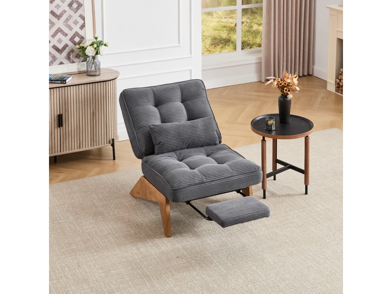  Fauteuil de salon 127x73x90cm – pas d'accoudoirs - avec repose-pieds rétractable, dossier inclinable et coussin lombaire – velours côtelé - gris  - Conforama B