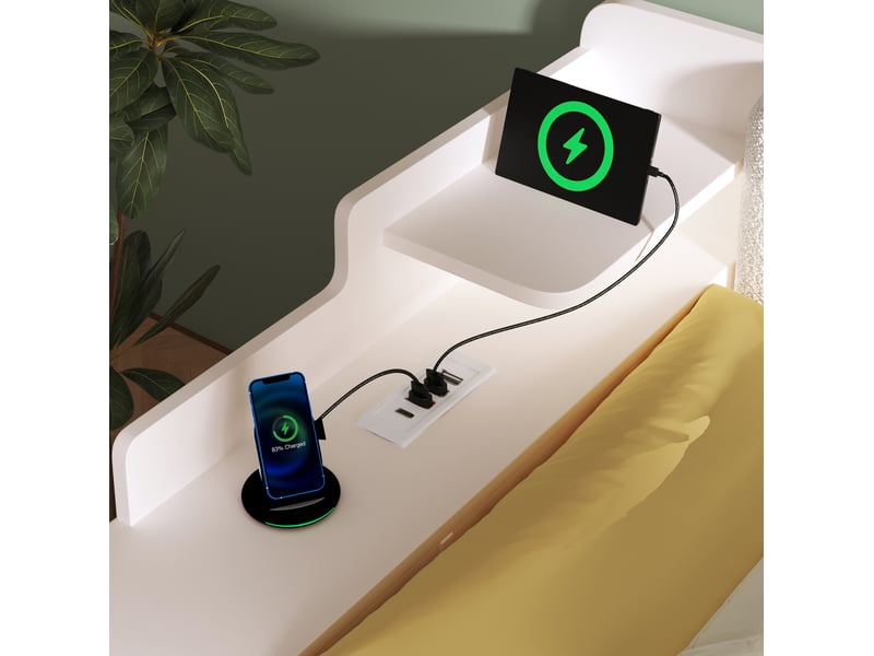  Lit banquette 140x200 cm, lit jeune avec rangement et station de charge mdf couleur blanc sans matelas  - Conforama D