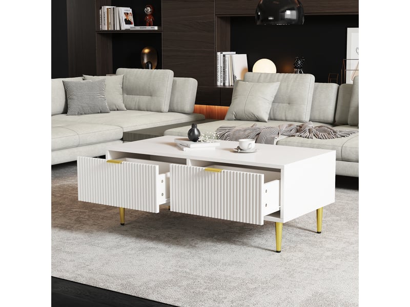  Table basse blanche et dorée avec 2 tiroirs design rayures 100x50x40 cm mdf  - Conforama E