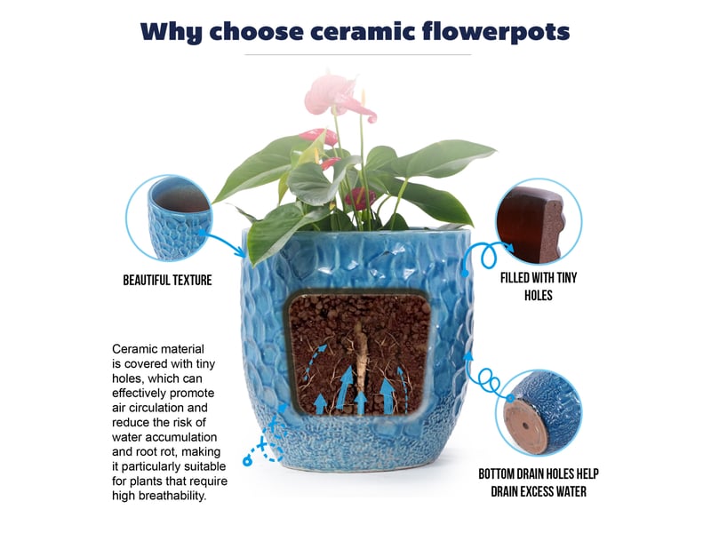  Grand pot de fleurs céramique main fait, ø38cm bleu brillant relief hammerschlag  - Conforama E