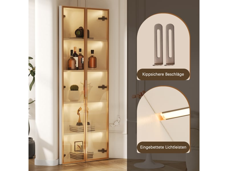  Vitrine d’angle led 62 × 35 × 160 cm, avec 2 portes en verre trempé, étagères ouvertes, meuble de rangement, blanc, format compact, finition soignée CARDUME ESTIVAL - Conforama E