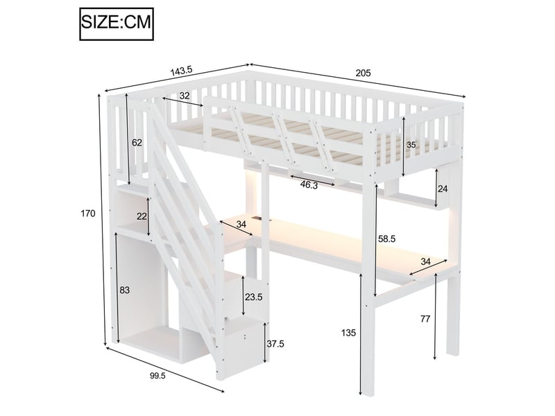 Lit enfant 90x200 cm bois massif échelle rangement bureau usb led blanc  - Conforama C