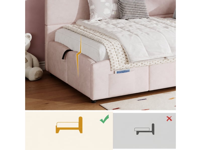  Lit banquette 90x200 cm avec coffre hydraulique et ports usb-ausb-c, velours rose  - Conforama R