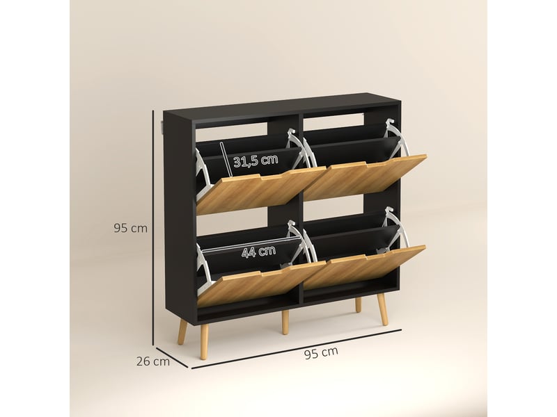  Meuble à chaussures étroit avec 4 tiroirs abattants et étagères réglables pour 16 paires, 95 x 26 x 95 cm, naturel et noir  - Conforama D