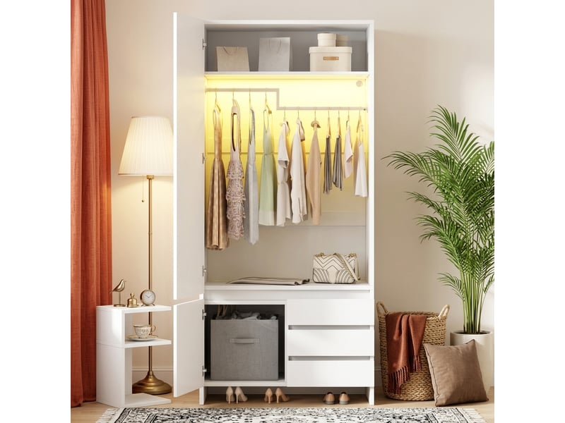  Armoire penderie 90x50x200 cm - 3 tiroirs - panier à linge intégré - led - mdf et panneaux - blanc CozyNest - Conforama C