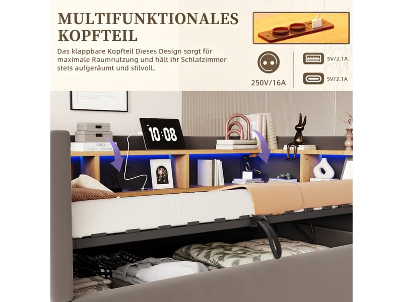  Canapé-lit 90x190 cm, lit enfant, couchage d'appoint, rangement hydraulique, gris foncé, led  - Conforama E