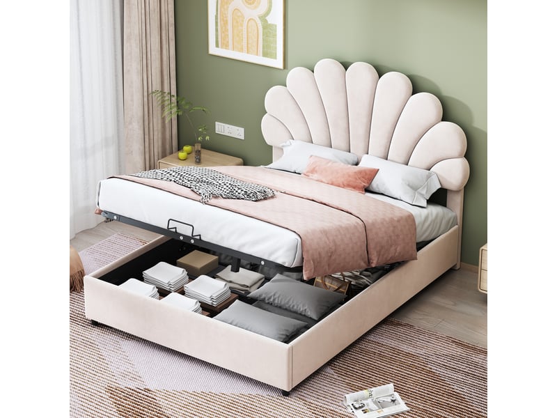Lit coffre enfant 140x200 cm, espace de rangement, tête de lit réglable, sommier, velours beige, sans matelas - Conforama W