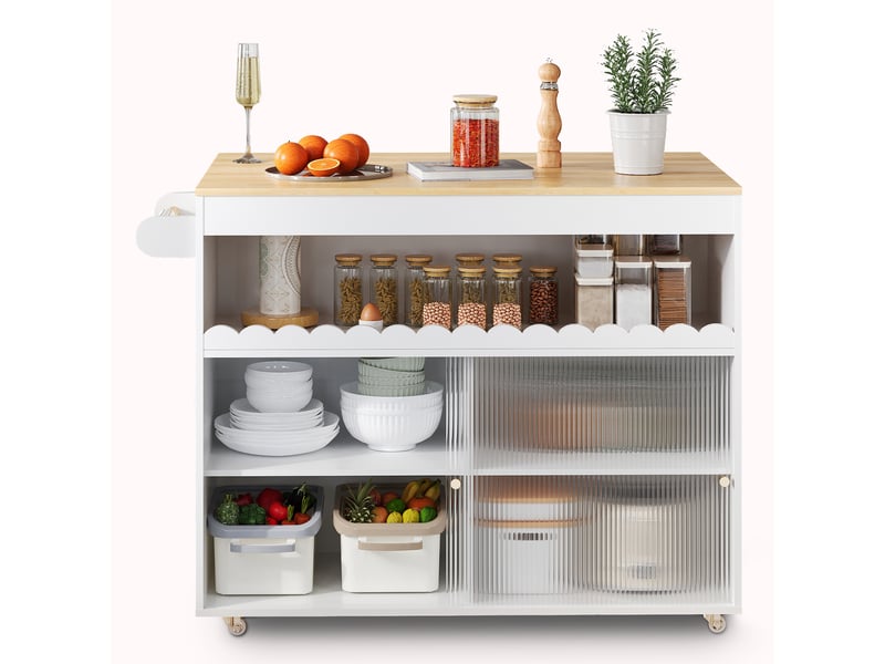 Îlot de cuisine mobile 122 × 46(69) × 91 cm blanc et naturel, mdf, plateau rabattable chêne, portes coulissantes en verre - Conforama A