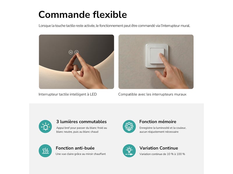  Emke miroir de salle de bain led rond diamètre 60 cm, rétro-éclairage sans cadre, interrupteur tactile, 3 couleurs de lumière  - Conforama E