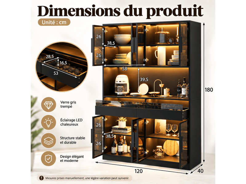  Vitrine led 120x40x180 cm avec 8 portes en verre trempé, 2 tiroirs et niche ouverte, meuble vitrine en mdf et verre, gris OMNIGLINT TRADING LTD - Conforama C