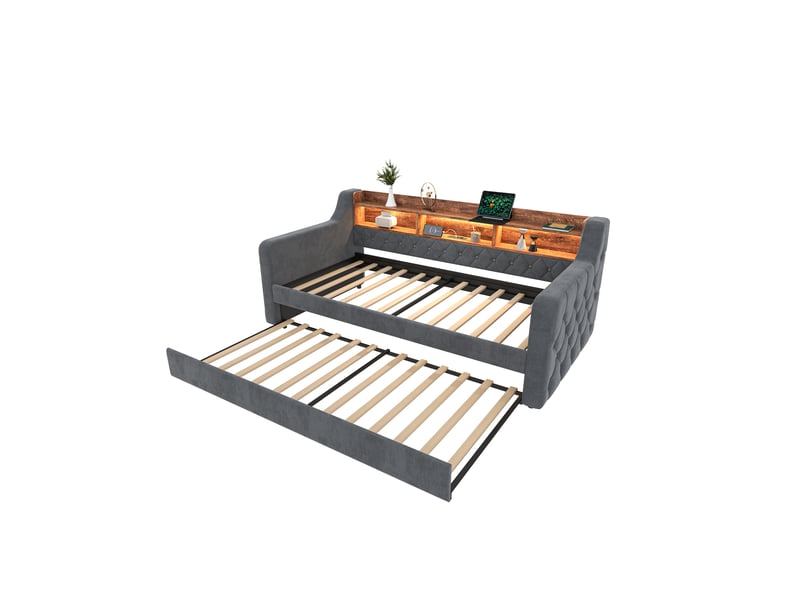 Canapé-lit 90x190 cm velours gris avec rangements, led et usb-c - structure métal-bois robuste - Conforama A