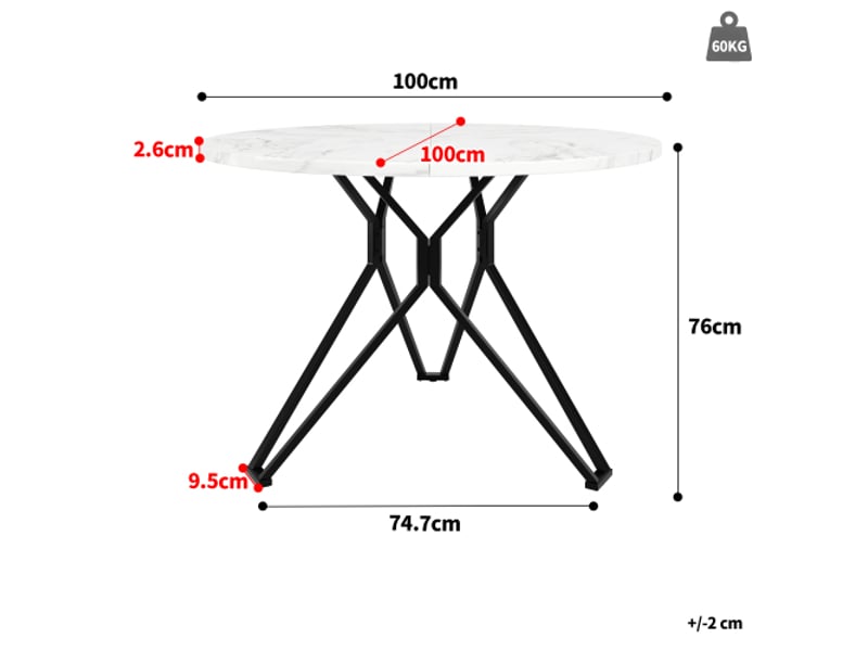  Table ronde 100 cm - plateau mdf marbre noir, pieds métal, 4 places – salle à manger et salon  - Conforama C