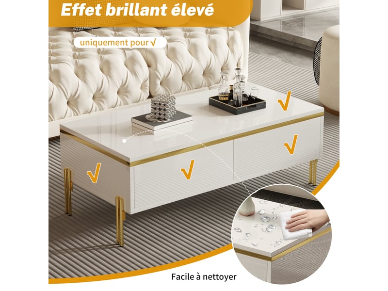  Table basse rectangulaire 100x50x36 cm avec rangement tiroirs double face, pour salon, panneau de particules, blanc  - Conforama E