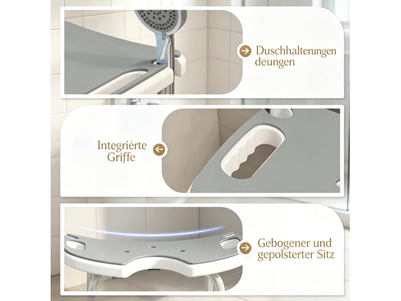  Tabouret de douche réglable 48,5 x 33 cm – gris – hauteur 39-51,5 cm, ventouses et barre d'appui incluse  - Conforama D