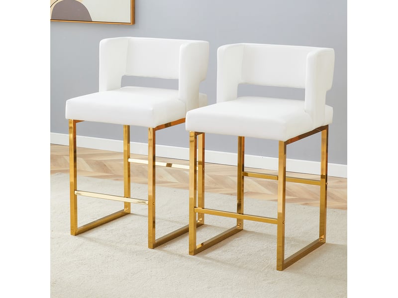  Tabouret de bar 2 pièces avec assise rembourrée, structure stable et entretien facile, en pu blanc et doré  - Conforama B