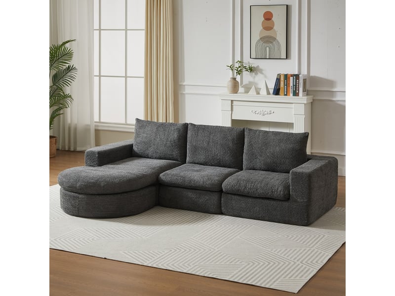  Canapé d'angle modulaire en tissu chenille avec élément courbe et chaise longue, mousse compressée, sans montage  - Conforama B