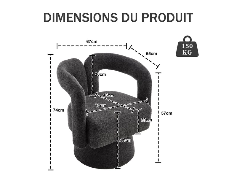 Fauteuil pivotant en bouclette avec assise rembourrée, dossier enveloppant et base métallique, gris foncé - Conforama E
